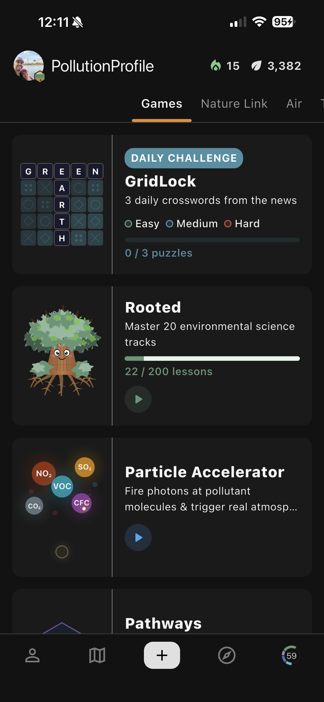 PollutionProfile games and daily environmental challenge screen