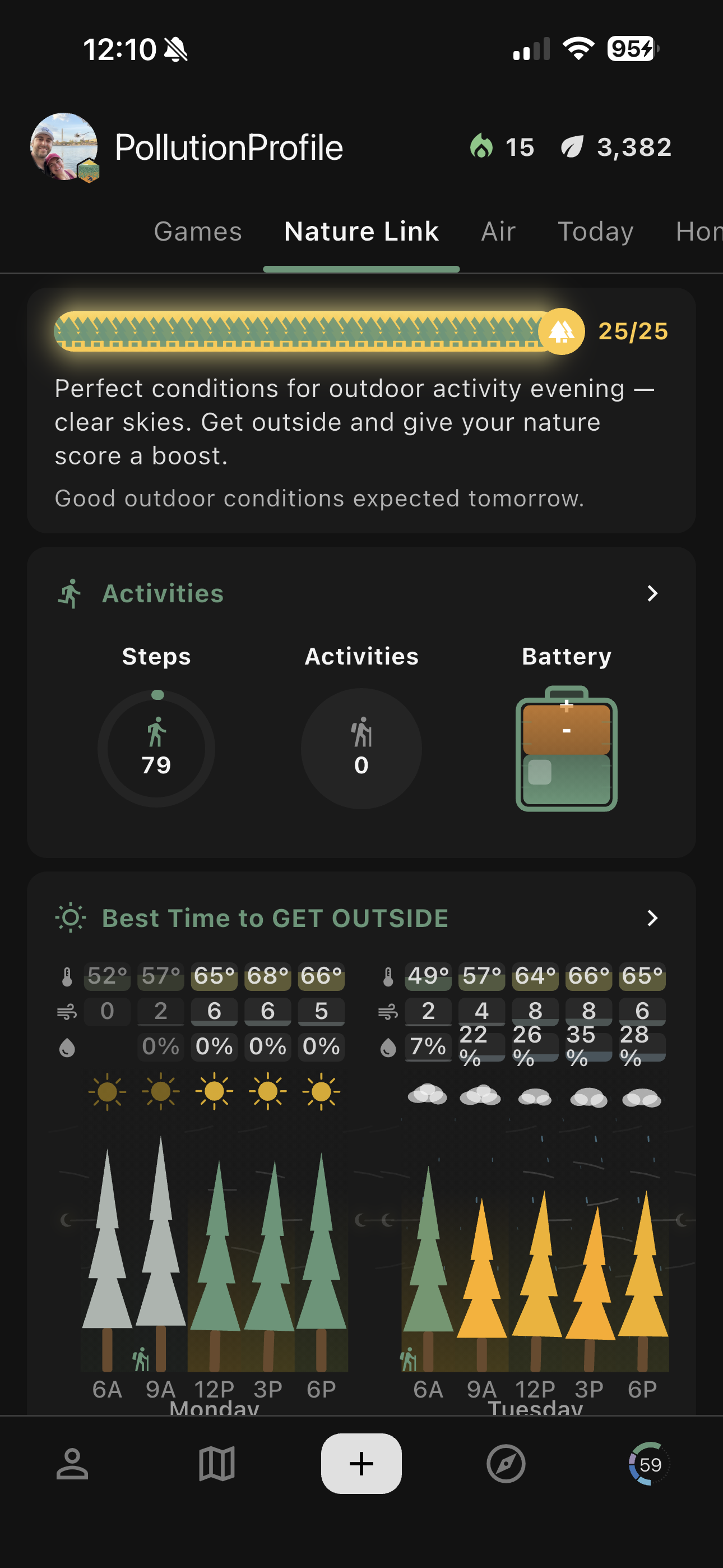PollutionProfile nature link dashboard with outdoor activity forecast